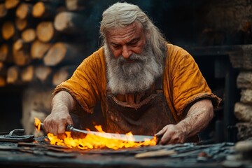 Aufkleber - Skilled blacksmith forging a blade in a historic workshop surrounded by wooden logs