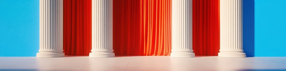 Aufkleber - Neoclassical Stage Set Bold Red Drapes and Pillars on Minimal Canvas - Immersive Visuals for Event Backdrops and Cultural Venue Styling