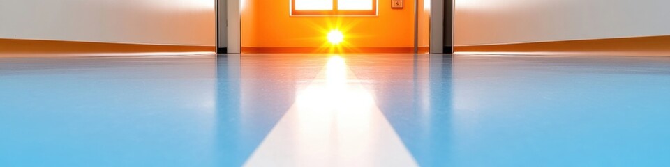 Poster - Minimalist Healthcare Corridor Glossy Blue Flooring with Radiant Lighting - Modern Medical Facility and Infrastructure for Enhanced Patient Experience