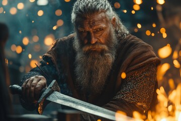 Aufkleber - Mature warrior forging a sword amidst glowing flames in a medieval workshop in the heart of a dark night