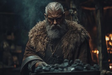 Aufkleber - Elderly man in fur cloak working with coal in a dark, rustic workshop during twilight hours