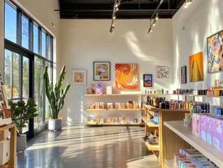 Leinwandbilder - Vibrant Art Store Display Minimalist Wooden Shelving with Colorful Wall Art for Creative Retail and Modern Visual Merchandising