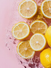 Aufkleber - Vibrant Lemon Splash Art Citrus Slices on Textured Pastel Surface for Culinary Aesthetics and Modern Food - Engaging Visual Content for Lifestyle Marketing