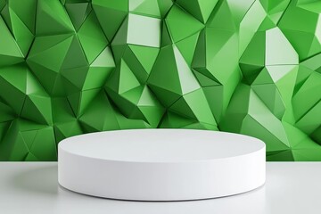 Poster - 3D render of a white, empty podium platform with an abstract geometric background for a product presentation scene Includes copy space