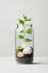Poster - Eco-Financial Growth Display Sustainable Plant in Glass Jar with Coins and Natural Textures - Wealth Management Visuals for Green Investment Promotion