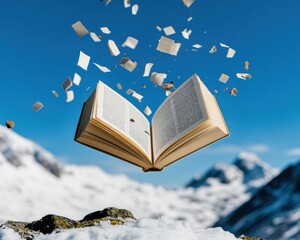 Fototapete - Futuristic Literary Journey Floating Open Book with Aerial Pages Over Snow Mountains - Creative Content for Modern Education and Imagination Enhancement
