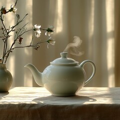 Sticker - Steam rises from teapot, flowers in vase nearby.