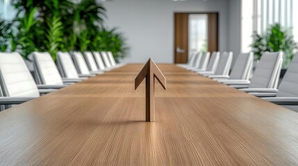 Poster - 3D rendering of an arrow pointing to the center on a boardroom table in a luxury conference room with white chairs and green plants The perspective is from behind