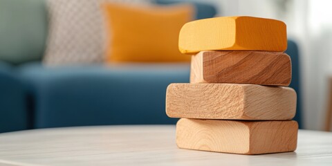 Poster - Minimalist Family Bonding Natural Wood Block Tower on Cafe Table in Mid-Century Modern Living Room Contemporary Home Decor and Engaging Family Entertainment