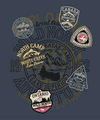 Canada outdoor canoe discovery adventure vintage vector print for boy kid t shirt sweatshirt with applique embroidery patches