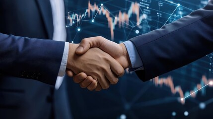 Poster - A business man in a suit shaking hands, surrounded by a digital network of connections, stock market graphs, and glowing data points, conveying teamwork and global partnership