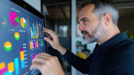Poster - A businessman interacting with a digital touchscreen displaying vibrant charts