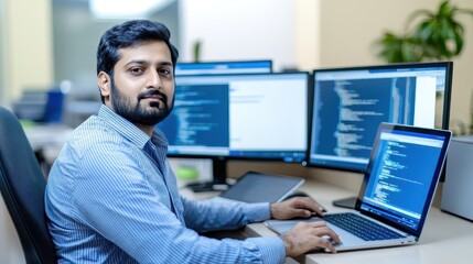 Fototapete - A cinematic shot of an Indian software developer writing code on their computer in the office