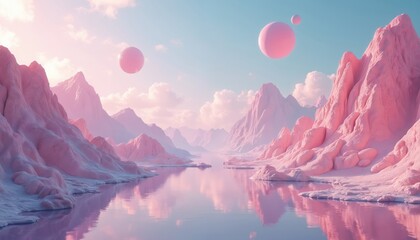 Aufkleber - Surreal mountain landscape in pastel pink, blue. Fantasy world with three pink spheres in sky reflected in tranquil water surface. Alien planet, dreamy scenery, digital art background. Peaceful