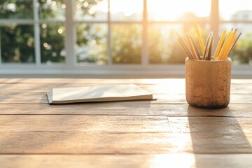 Aufkleber - Scandinavian Desk Aesthetic Wooden Workspace with Notebooks and Pencils in Morning Sunlight Enhancing Remote Productivity and Office Design