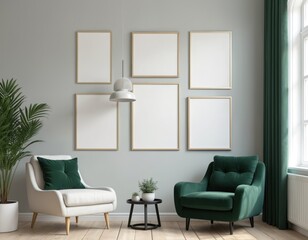 Aufkleber - Six interior vertical rectangular poster mockups arranged on wall with plant and armchairs. Scandinavian room design template, space to showcase artwork. Modern home decor with empty frames.