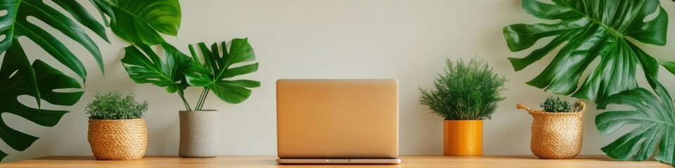 Fototapete - Contemporary Study Space Minimalist Wooden Desk with Laptop and Indoor Plants Enhancing Remote Learning Environments through Eco-Friendly Design and Digital Workspace Solutions