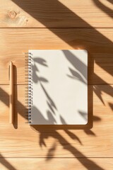 Poster - Minimalist Productivity Planner Spiral Notebook with Pen on Wooden Desk - Modern Office Aesthetic and Streamlined Time Management for Creative Professionals