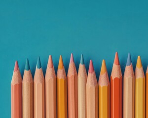 Poster - Vibrant Wooden Pencil Lineup on Minimalist Blue Surface Educational Tool Design for Modern School Supplies and Creative Workspaces