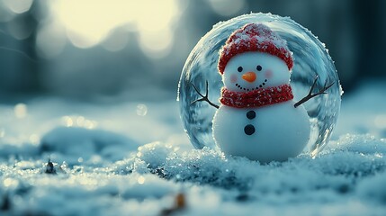 Poster - Snowman in Bubble on snowy ground, blurry background, winter fun, holiday season decor