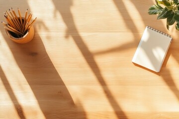 Aufkleber - Minimalist Wooden Desk Vignette Sunlit Pencil Holder and Open Notebook - Inspiring Workspace for Office Revitalization and Creative Productivity Campaigns