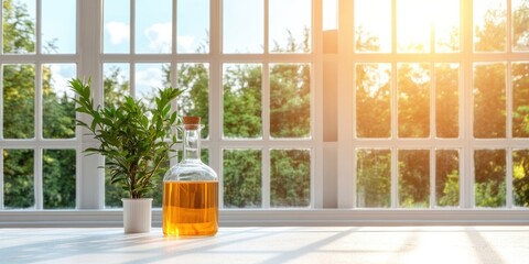 Poster - Sunlit Botanical Research Glass Vessel of Amber Solution with Green Plant in Minimalist Lab - Modern Wellness and Sustainable Healthcare Innovation