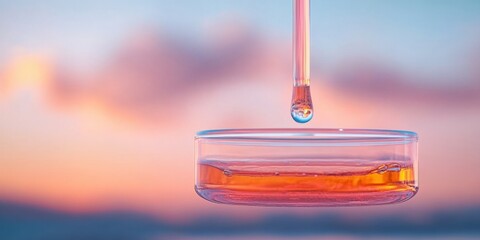 Poster - Dynamic Biomedical Display Transparent Petri Dish with Vibrant Serum Under Sunset Glow - Innovative Medical Content for Advanced Clinical Diagnostics and Laboratory Marketing