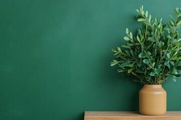 Poster - Eco-Minimalist Office Decor Ceramic Vase with Lush Greenery on Oak Table - Inspiring Biophilic Design and Sustainable Workspace Aesthetics for Modern Productivity