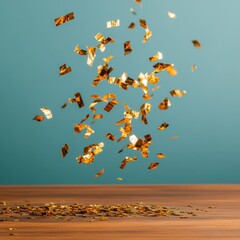 Aufkleber - Dynamic Celebration Backdrop Cascading Golden Confetti over Teal Horizon - Premium Event Digital Content for Festive Marketing and Joyous Branding