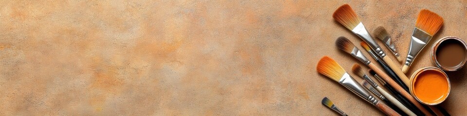 Fototapete - Artisan Workspace Chic Distressed Wooden Table with Scattered Paintbrushes and Splatter - Creative Content for Art Education and Dynamic Visual Marketing in Creative Industries