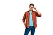 © deagreez - Portrait of his he nice attractive serious brunette guy skilled business shark expert specialist it geek touching specs isolated over beige color pastel background