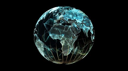 Poster - A digital rendering of the Earth with a grid pattern and lines and dots representing continents.