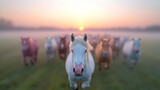 Horses running towards sunrise, foggy field, herd
