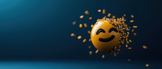 Poster - Digital Pixelated Sad Face Emoji Fragmenting Into Smaller Pieces