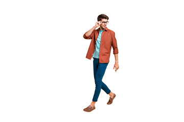 Poster - Full length body size view of his he nice attractive fashionable calm brunet guy business shark expert specialist touching specs walking isolated over beige color pastel background