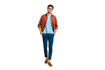 Aufkleber - Full length body size view of his he nice attractive calm content brunet guy business shark leader partner expert holding hands in pockets isolated over beige color pastel background