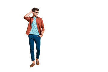 Aufkleber - Full length body size view of his he nice attractive content brunette guy business shark expert thinking making career growth decision isolated over beige color pastel background