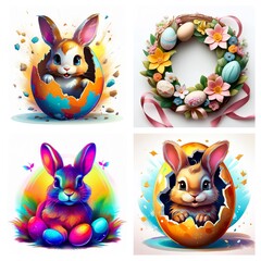Poster - Four vibrant Easter themed images feature adorable bunnies emerging from eggs, a colorful rabbit amongst eggs, and a festive floral wreath.