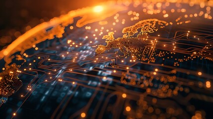 Poster - A digital rendering of the Earth with circuit board lines and glowing dots.