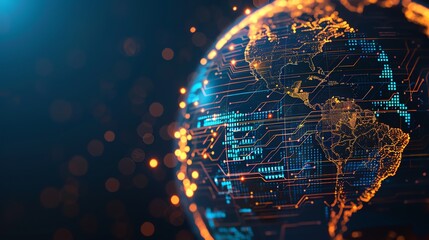 Poster - A digital rendering of the Earth with a circuit board pattern, representing global connectivity.