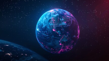 Poster - Earth glowing with pink and blue light, seen from space.