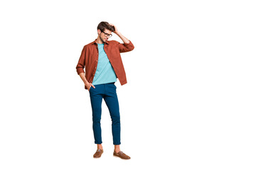 Aufkleber - Full length body size view of his he nice attractive fashionable brunette guy hipster posing touching fixing hair isolated over beige color pastel background