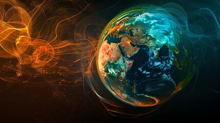 Poster - A digital rendering of the earth surrounded by swirling orange light.