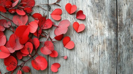 Aufkleber - abstract-art-style,  A minimalist and romantic white paper with red hearts on a wooden background for a St Valentine's Day postcard Generative AI  ,space for text,