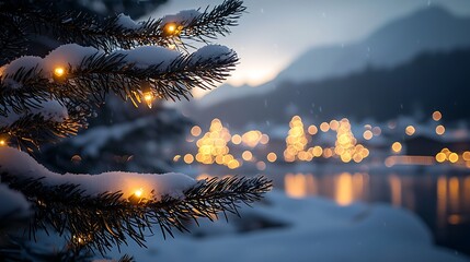 Poster - Snowy pine branch with lights, village in background; winter holidays, seasonal themes, peaceful scene