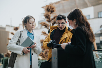 Wall Mural - Three young colleagues share ideas and review notes while standing outside in a modern urban setting.