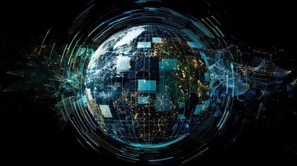 Poster - A digital rendering of the Earth with lines and dots representing continents, representing global connectivity.