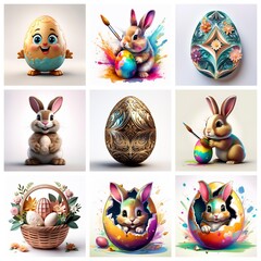 Poster - Colorful Easter themed images featuring decorated eggs and adorable bunnies in various styles. Some bunnies are painting eggs, some are in eggs, and some are just cute bunnies.