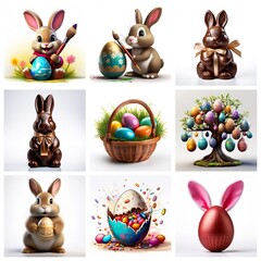 Poster - Cute Easter theme with bunnies and eggs in various scenes. Some bunnies are painting eggs, chocolate bunnies, egg basket, and egg tree.