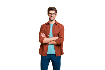 Poster - Portrait of his he nice attractive content successful cheerful cheery brunet guy company director owner folded arms isolated over beige color pastel background